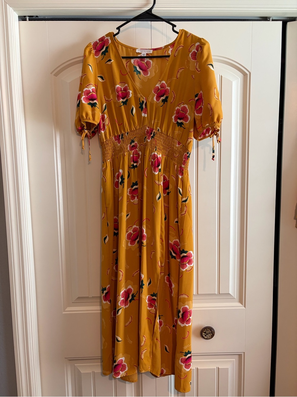Socialite Mustard Floral Midi Dress with Smocked Waist and Puff Sleeves